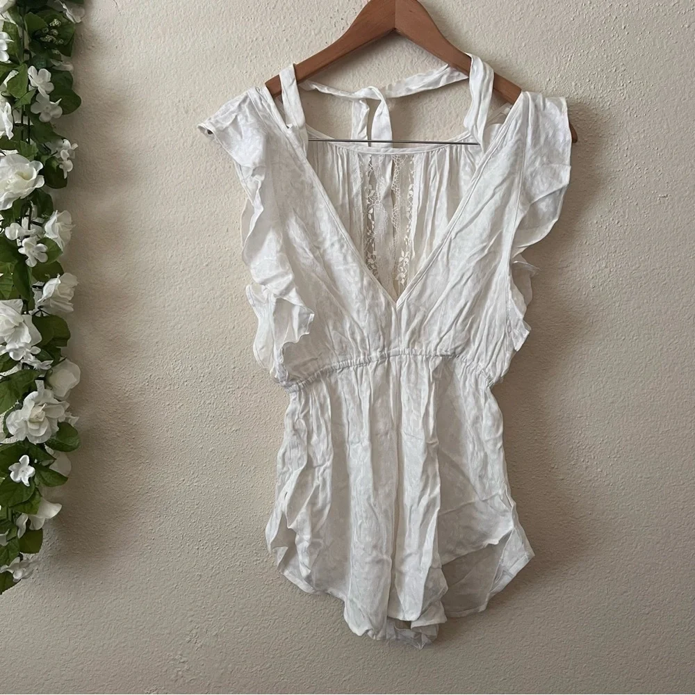 Anthropologie White Ruffle-Sleeve Pajama Romper - Picture 2 of 13